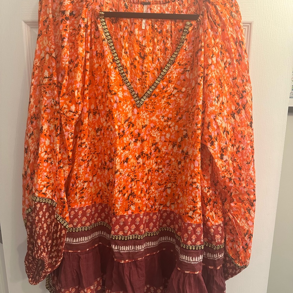 Free People Floral Orange and Burgundy Boho Blouse